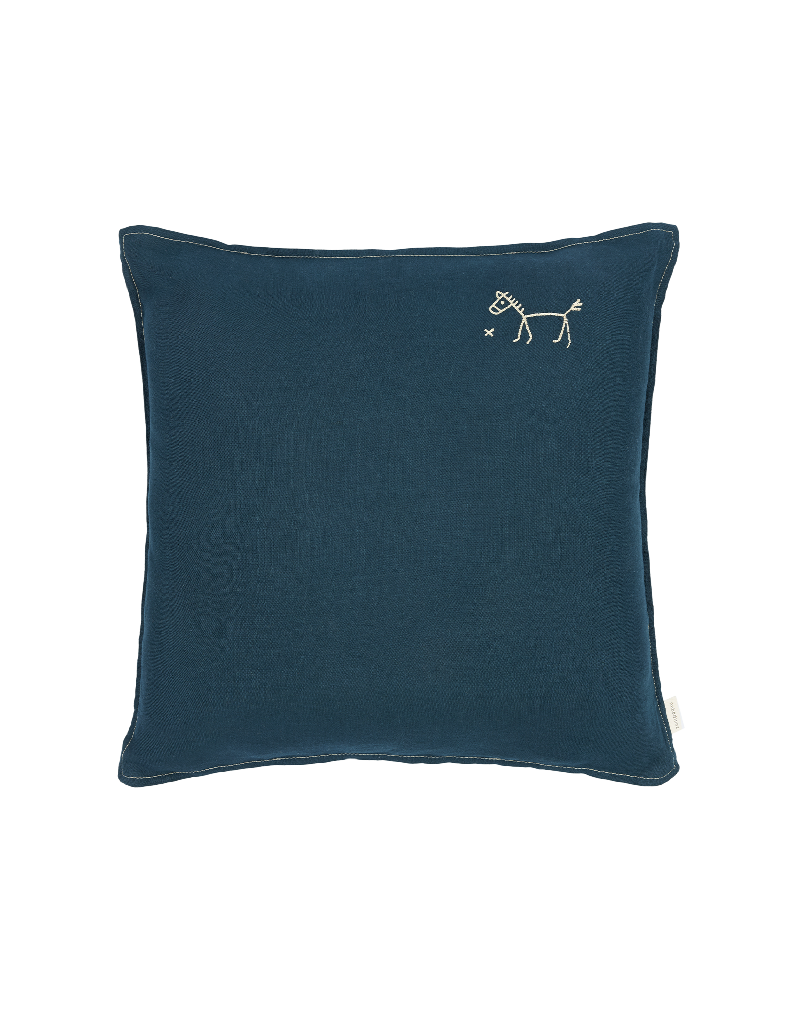 Coussin carré brodé l1n0 en lin français lavé | Bleu