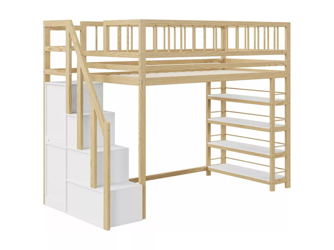 Lit superposé pour enfants 90 x 200, barrières hautes, avec armoire, échelle de sécurité, couleur bois d'origine