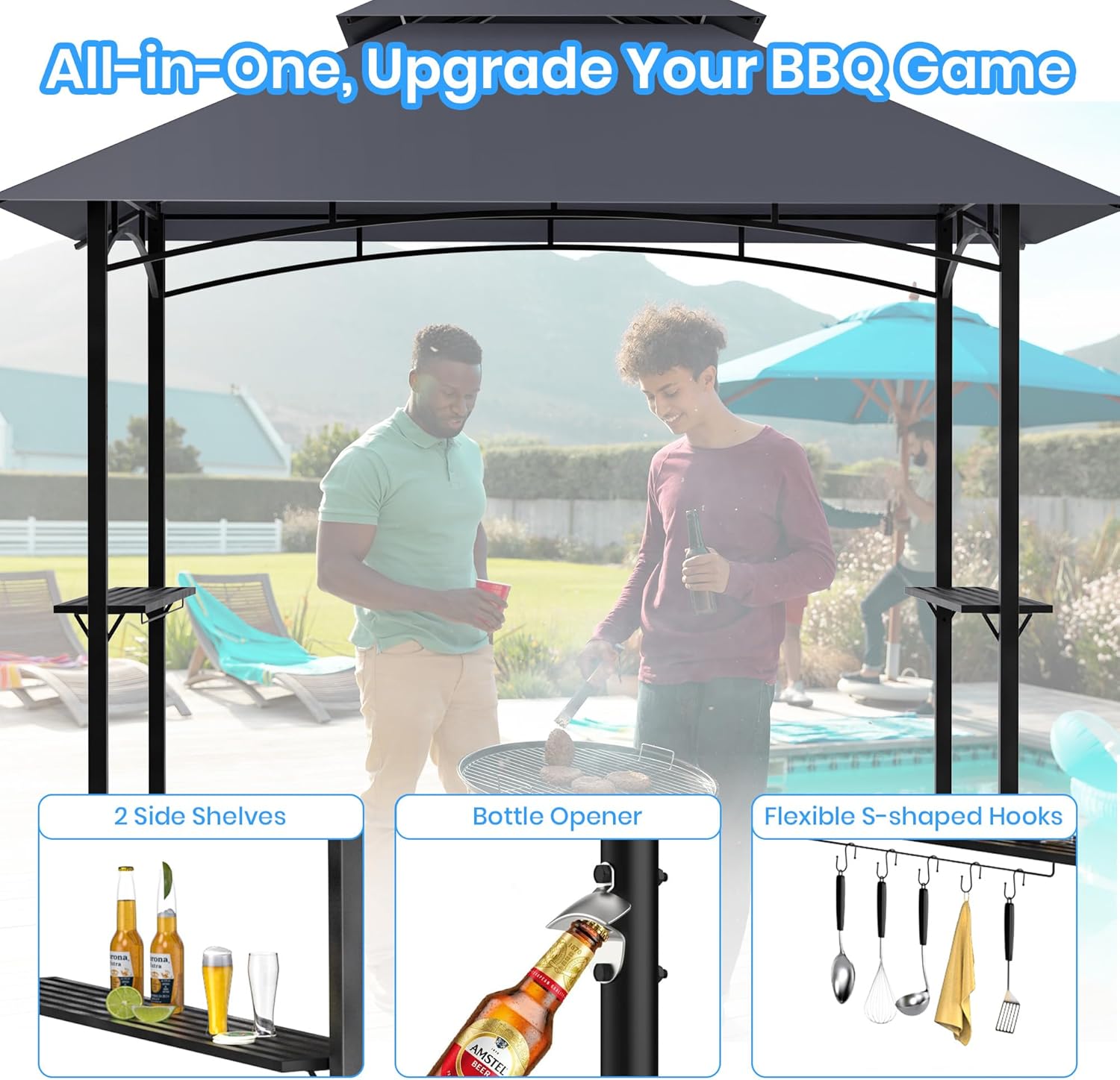 GVDV Grillpavillon 2,4 x 1,5 m – Wetterfeste Grillüberdachung mit 2-stufigem Dach, Ablagen, 10 Haken & Flaschenöffner – Grill Pavillon für Garten & BBQ, Dunkelgrau