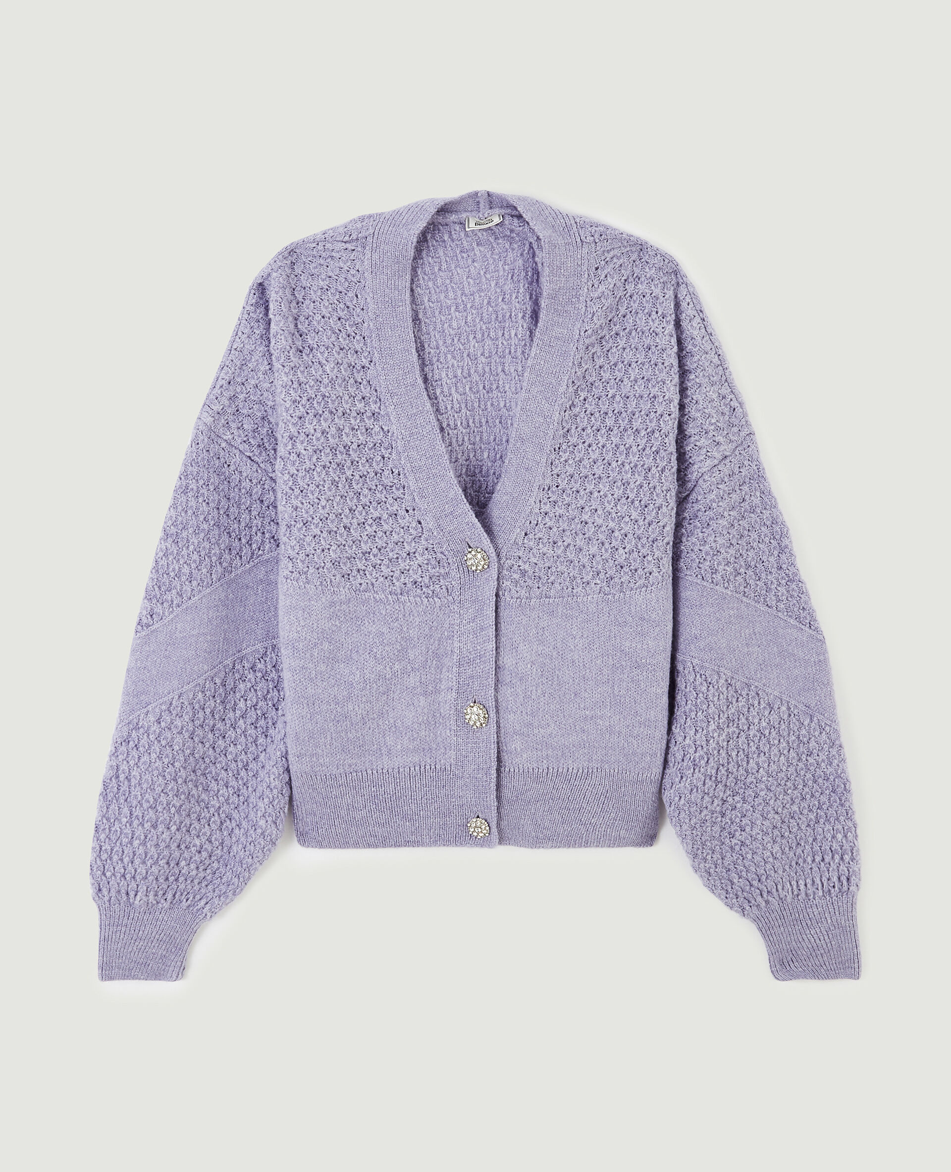 Gilet maille fantaisie boutons strass - Lilas