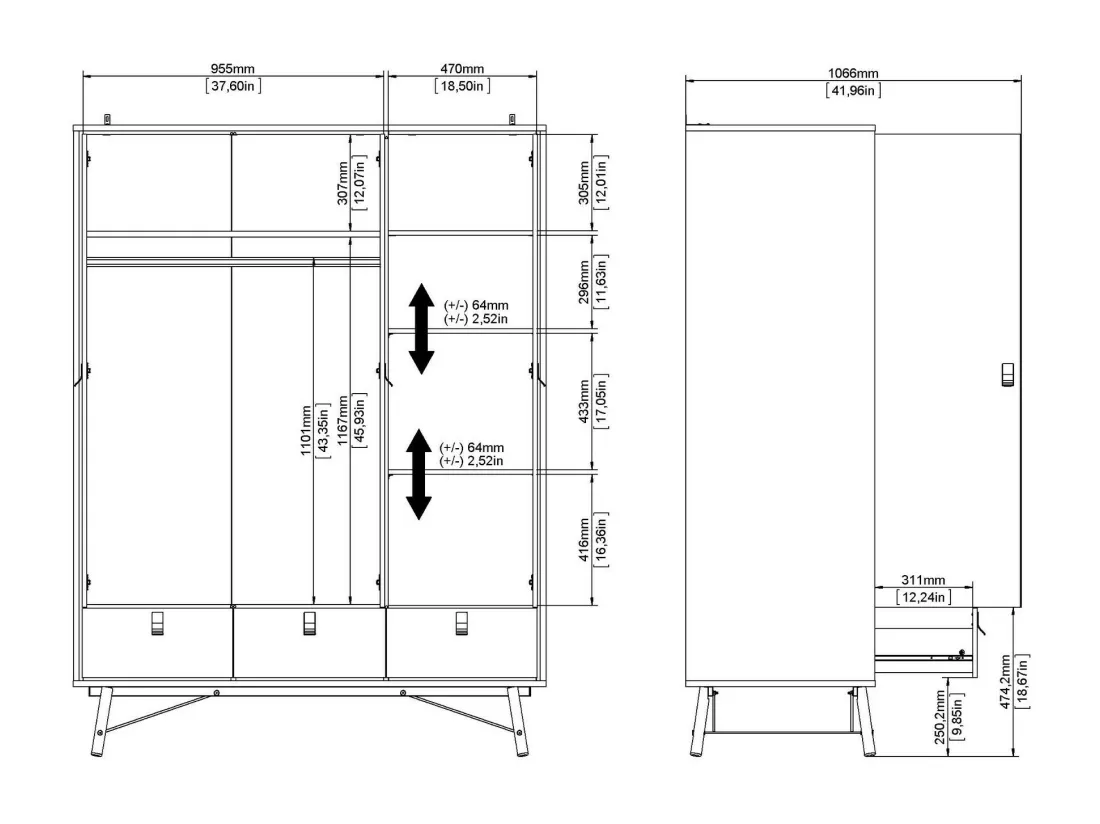 Garde-robe 3 portes Dverdell, Meubles de chambre, Penderie de plain-pied, Placard à vêtements, 150x60 h200 cm, Noir et Noyer