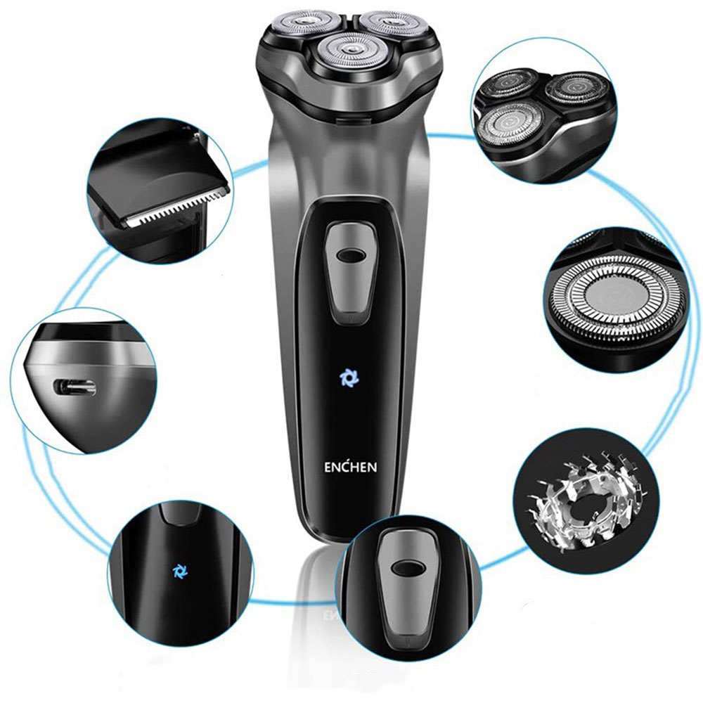 BlackStone Elektrischer USB Rasierer Rotierender 3D Dreikopf Akku Rasierer Wasserfest (IPX7) - Schwarz