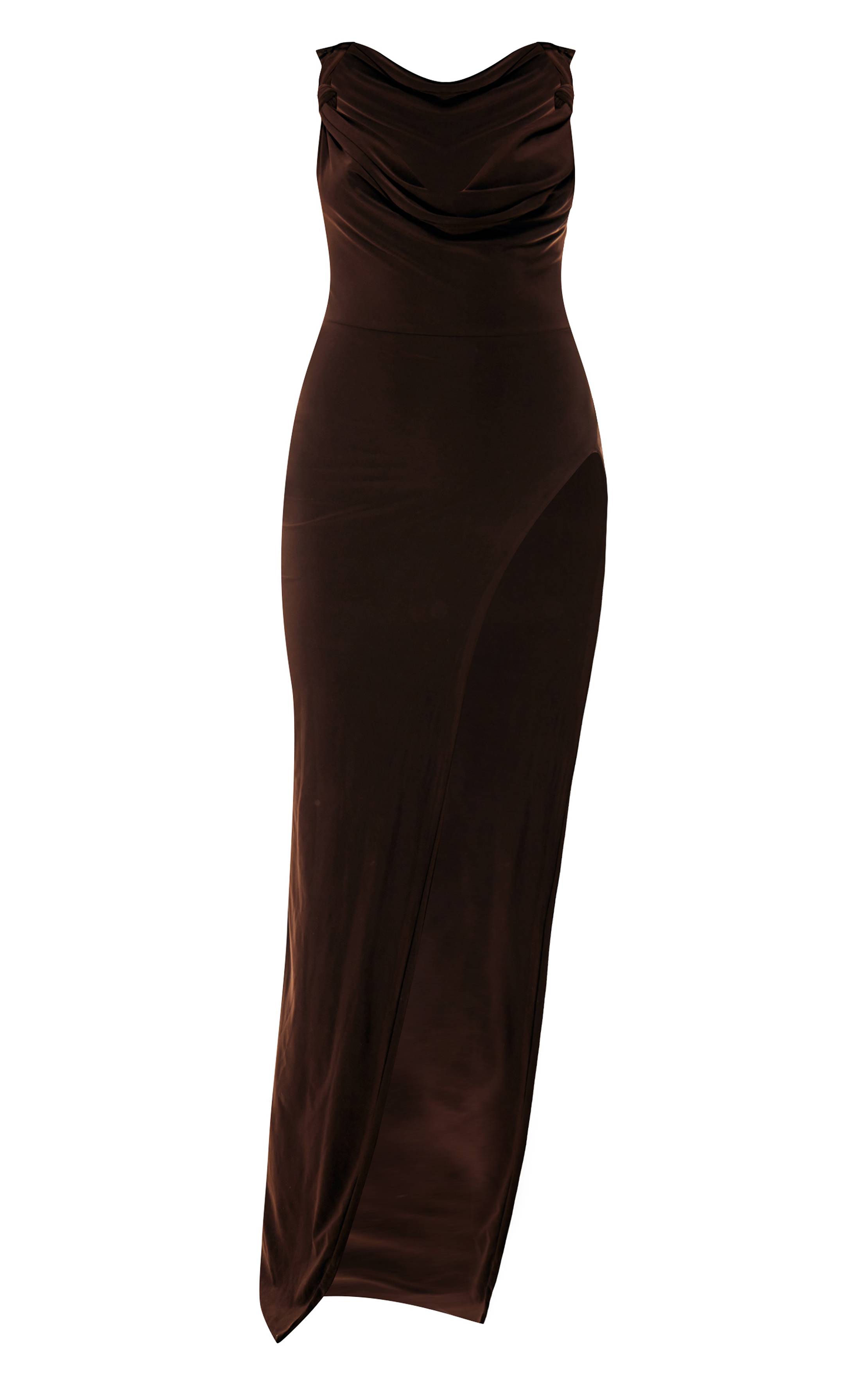 Deep Taupe Robe Longue Maxi Fendue À Nœud Drapé Double Couche Taupe Foncé