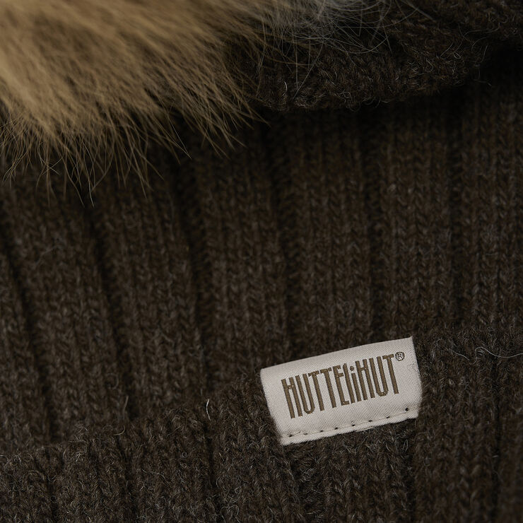 Huttelihut Hat Knit w. Alpaca Pompom Dark brown melange