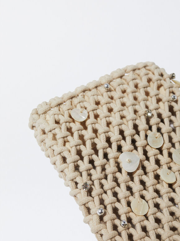 Bolsa de crochê para celular com conchas - Bege