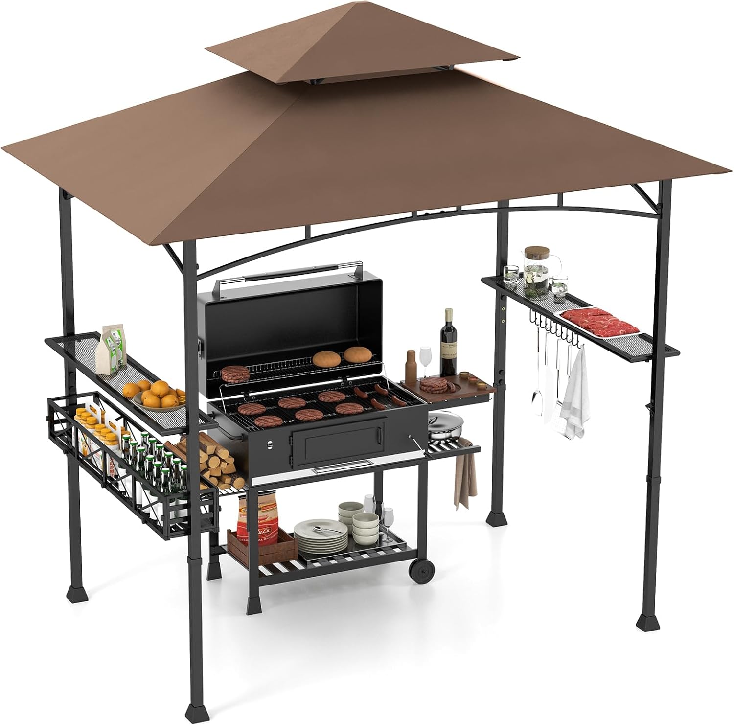 COSTWAY Grillpavillon mit Doppeldach, Seitenregalen, Metallkorb, Haken und Flaschenöffner, Grillüberdachungen wetterfest, Grillunterstand für Garten, Außenbereich, 242 x 153 x 250 cm (Braun)