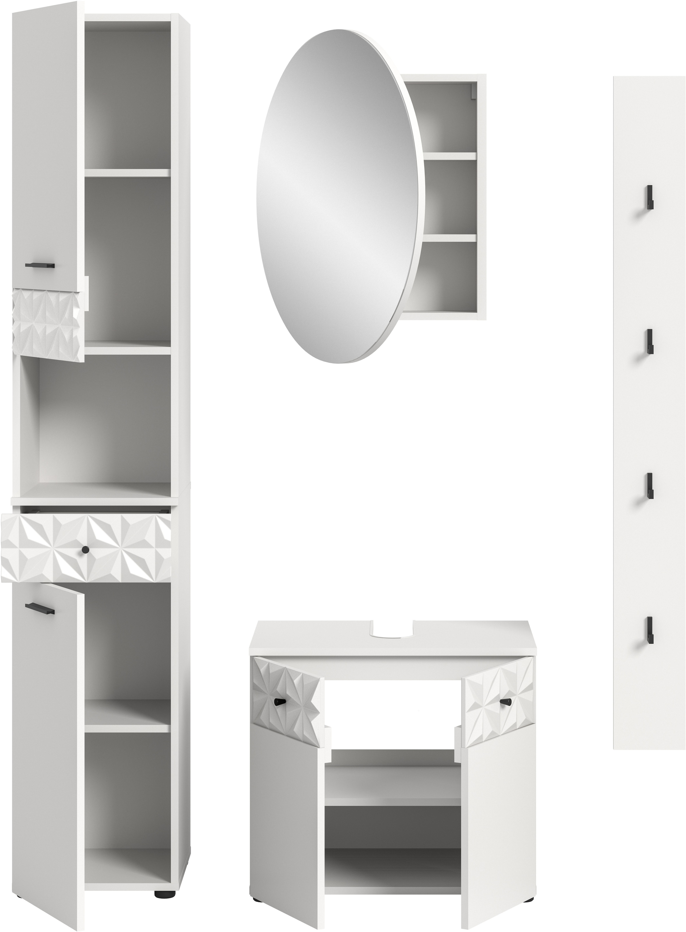 INOSIGN Badezimmer-Set »VICENZA, TOPSELLER!, Breite 141cm, 4-teilig, mit Ornamentabsetzung« Hochschrank, Waschbeckenunterschrank, Spiegelschrank und Hakenleiste,