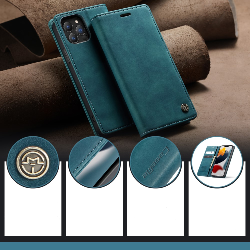 iPhone 13 Pro Leder Tasche Flip Wallet Etui mit Kartenfächern - Blaugrün