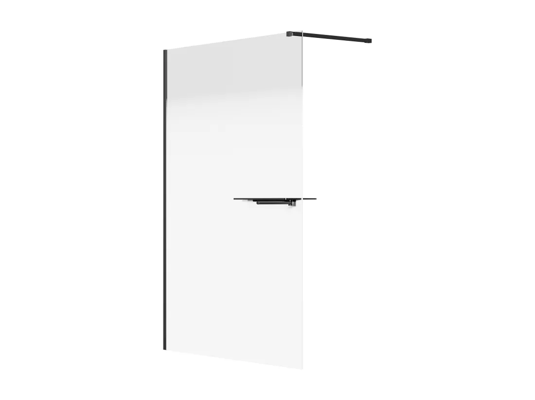Paroi de douche à l'italienne brume avec porte serviette et étagères - 140 x 200 cm - Noir mat - POMARO