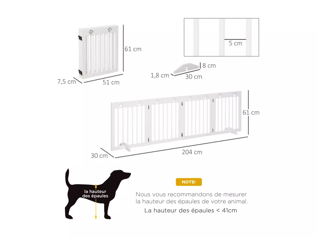 Barrière de sécurité pour animaux - barrière modulable pliable 4 panneaux - motif patte - 2 pieds support - bois de pin blanc