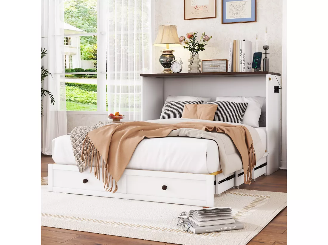 Lit escamotable 140 x 200 cm avec 2 tiroirs et étagère en tête de lit - Bois de pin et MDF - Prise USB - Blanc