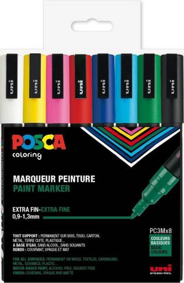 Posca - PC3M - Fin Tip Pen - Basisfarver, 8 stk