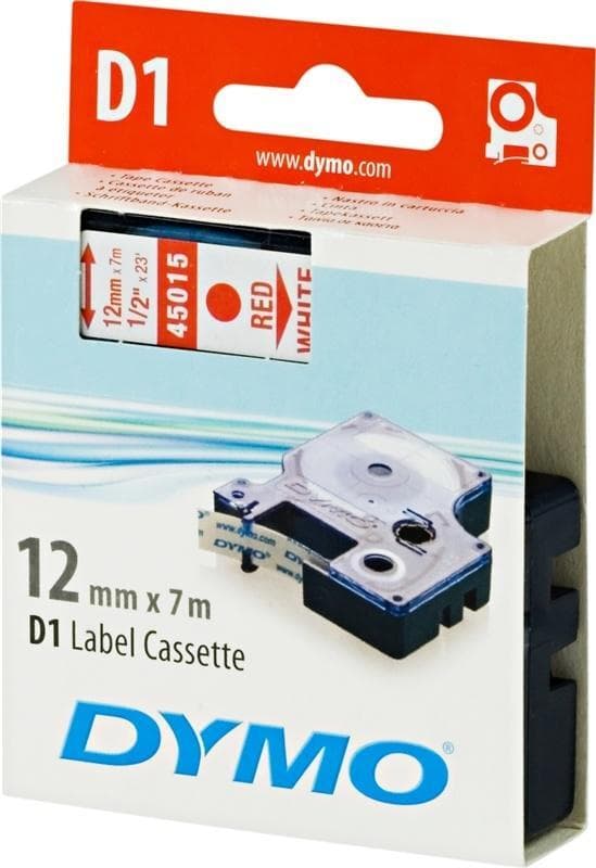 DYMO D1, markeringstape, 12mm, rød tekst på hvid tape, 7m