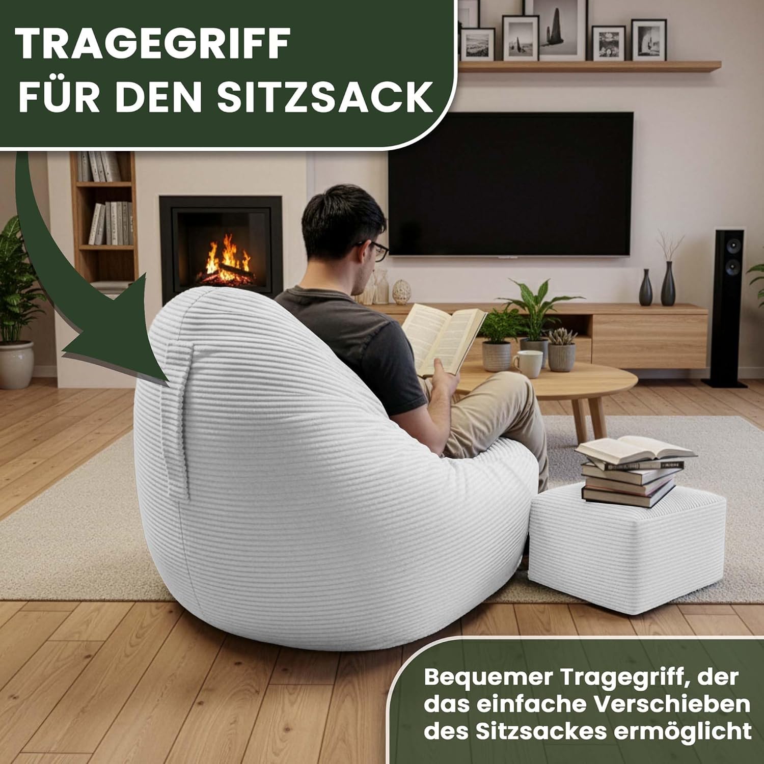 DreamRoots Sitzsack Erwachsene Cord oder Kinder - Bean Bag Sofa - Sitzsack Cord mit Hocker und Bezug - Sitzsäcke mit Füllung 90x90x100 cm Cool Gray