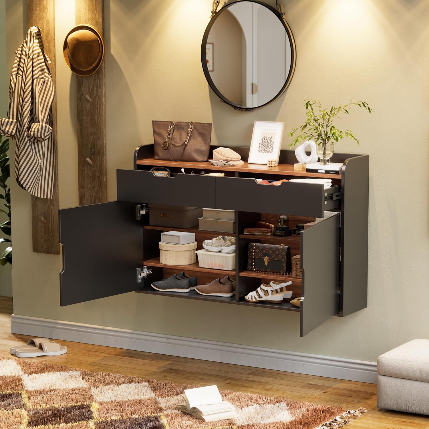 MSFE Hängender Schuhschrank Schmal Flurschrank, Schuhaufbewahrung Holz Platzsparender, Schuhschrank Schwarz mit Schublade, für Eingang, Wohnzimmer, Flur,100 x 63 x 22 cm (BxHxT)