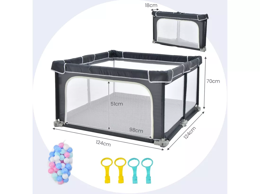 Parc Bébé Pliable 124 x124cm avec Hauteur Scientifique 70cm, Parc de Jeux en Tissu Oxford avec Maille Respirante, 50 Balles Océaniques, 4 Poignées pour Enfants de 10-72 Mois (Gris foncé)