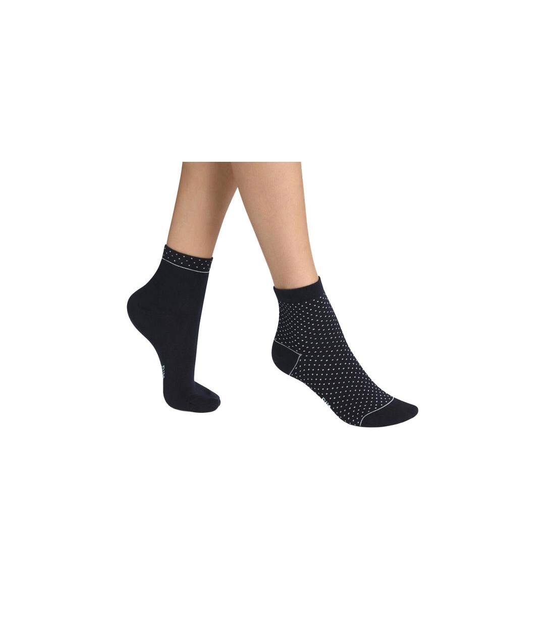 DIM Lot de 2 paires de Socquettes Femme Coton Bio GREEN Bleu Marine Pois