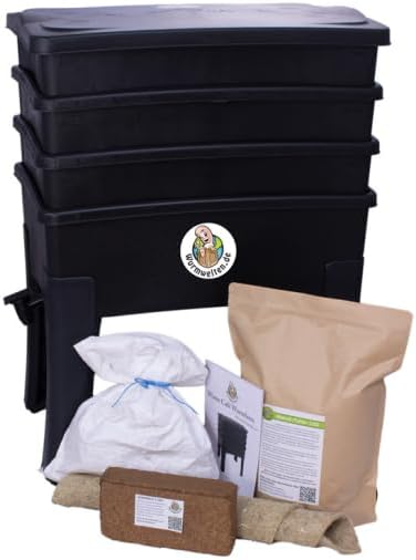 Wurmfarm Starter Set Wurm Cafe – Wurmkomposter aus recyceltem Kunststoff – 105L Wurm Café mit 3 Etagen – Inkl. 1000 Kompostwürmer & Ablasshahn für Wurmtee – Für Küche, Garten & Balkon