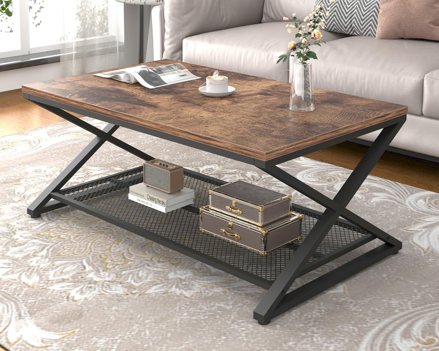 LVB Couchtisch Rechteckig mit Stauraum Wohnzimmer Möbel Wohnzimmertisch mit Stauraum Sofatisch Beistelltisch aus Holz Metall Grau 100x60x45 cm