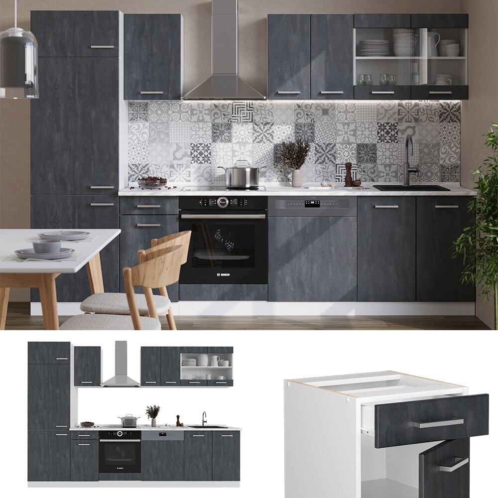 Vicco Küchenzeile R-Line 300 cm Schwarz Beton Weiß mit Arbeitsplatte Eiche