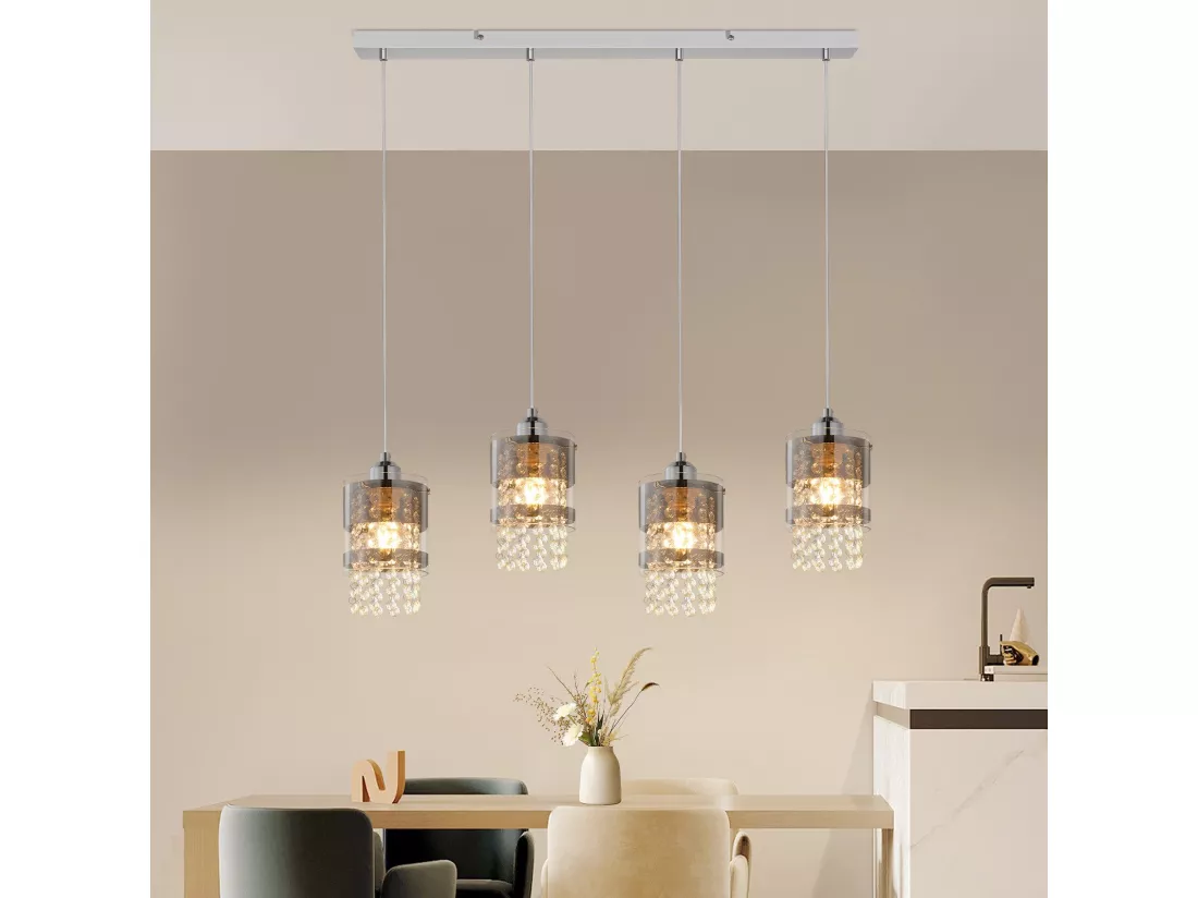 NETTLIFE Suspension Table à manger Moderne Verre Suspension 4 Flammes Suspendue 150CM Réglable en hauteur Cristal E27