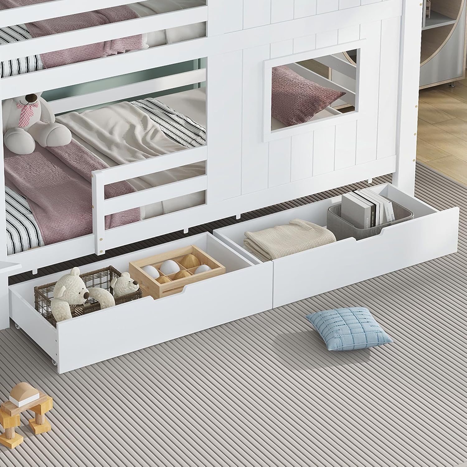 Kinderbett 90x200 cm für 2 Kinder, Etagenbett mit Stauraumtreppe, Hausbett mit Fenster und Dach, Stockbett mit 2 Schubladen, Holzbett mit Lattenrost, Weiß, ohne Matratze
