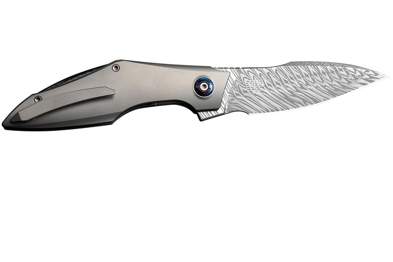 WE Knife Krait Snake WE24084-DS1 Fafnir Damasteel, Gray Titanium, Flamed Hardware, zakmes, Tashi Bharucha design