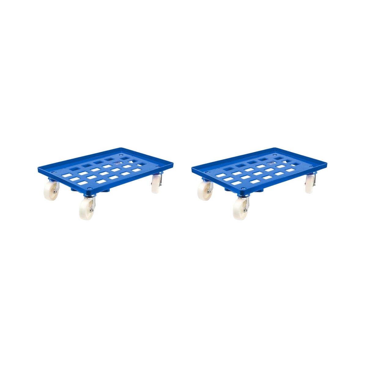 PROREGAL Voordeelset 2x Transportwagens voor Euroboxen 60 x 40 cm met Blauwe Kunststof Wielen, Roostervloer, 2 Zwenkwielen en 2 Remwielen, 300 kg