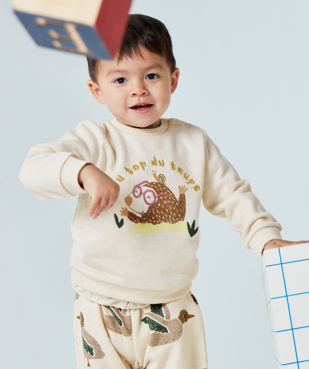 SWEAT BÉBÉ GARÇON EN FIBRES RECYCLÉES AVEC MOTIF TAUPE