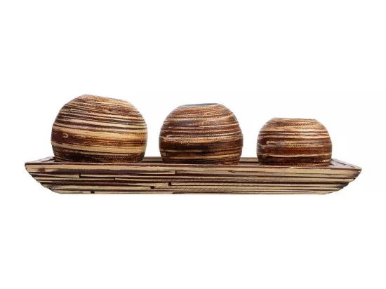 Ensemble plateau et 3 bougeoirs en bois de bambou marron 33x13x3h cm
