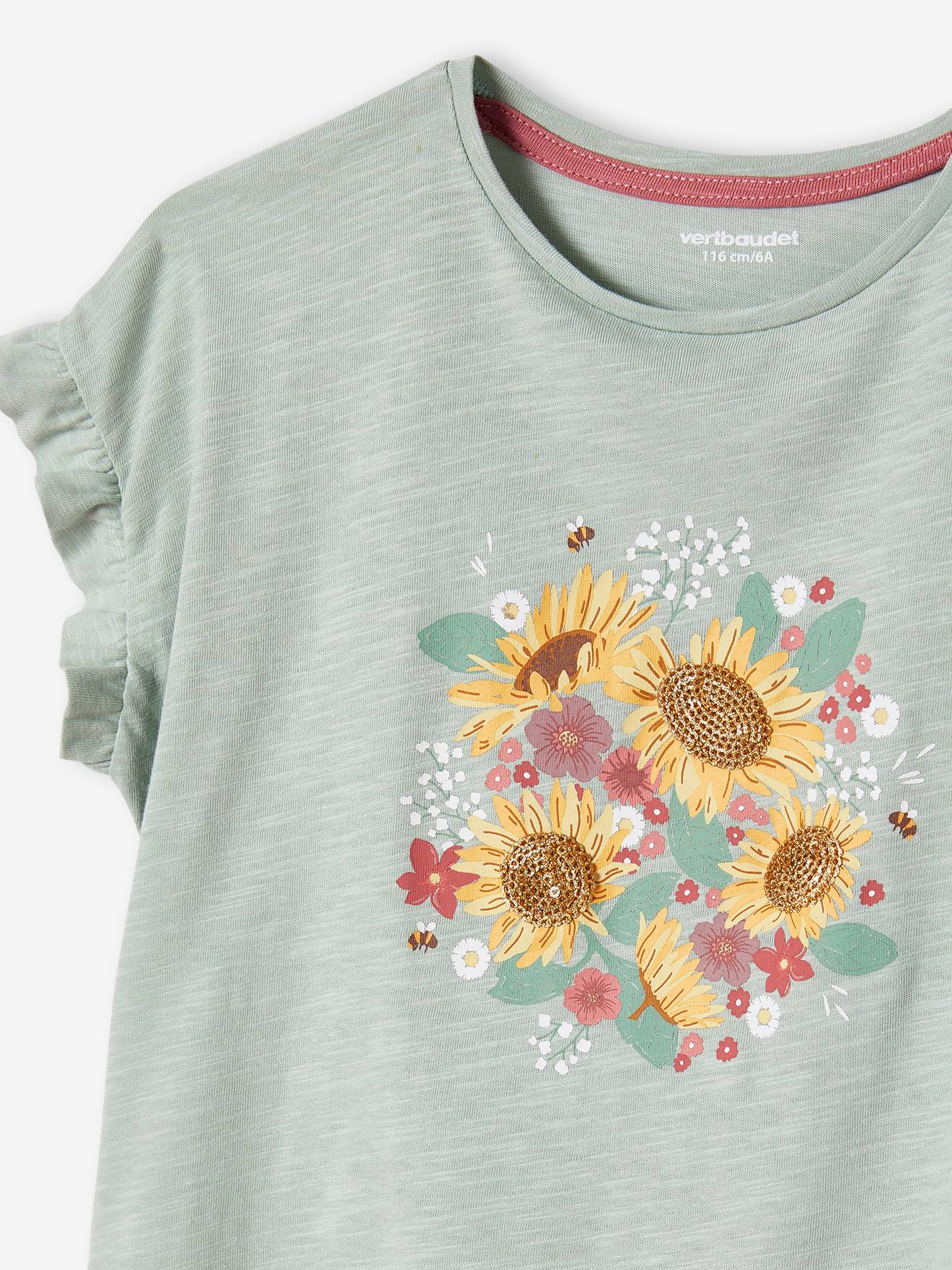 Camiseta com babados e aplicações de lantejoulas, para menina, na cor rosa antigo.