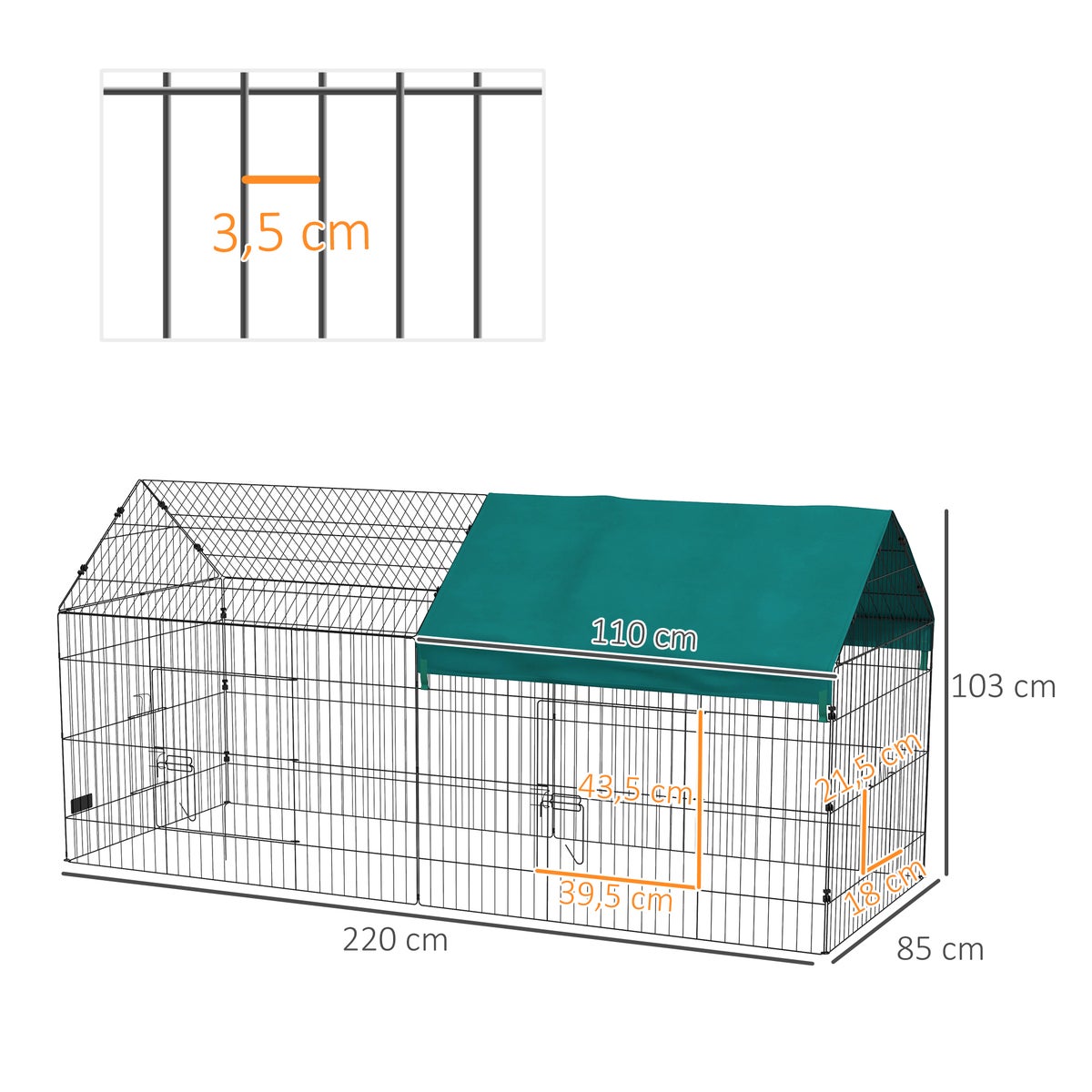 PawHut Outdoor Run, 220L x 85B x 103H cm, staal, Oxford-stof, groen