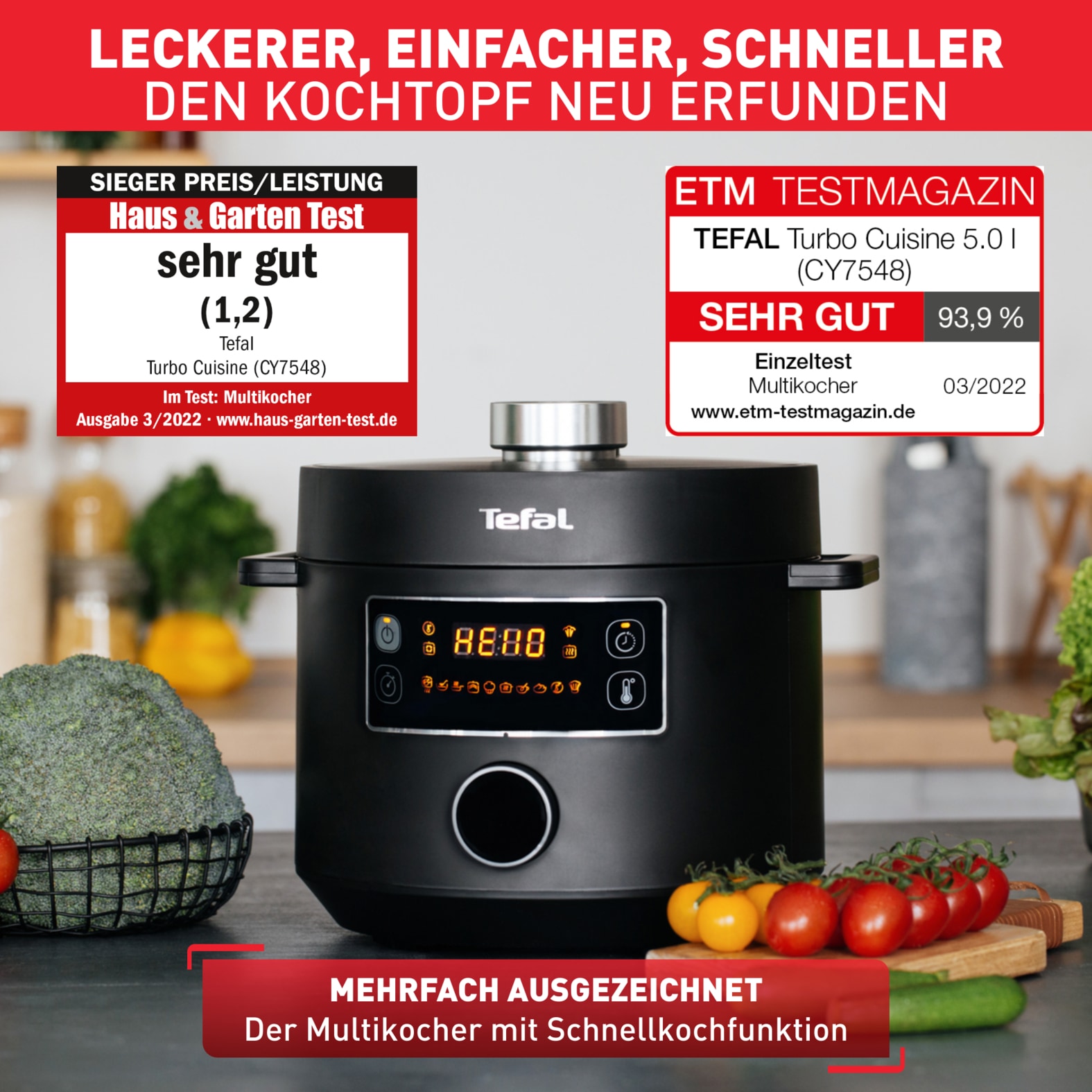 Tefal Multikocher »Turbo Cuisine inkl. Dampfgareinsatz, Messbecher, Reislöffel und Kelle« elektr. Schnellkochtopf, 10 aut. Programme, 1-Knopf-Bedienung, CY7548