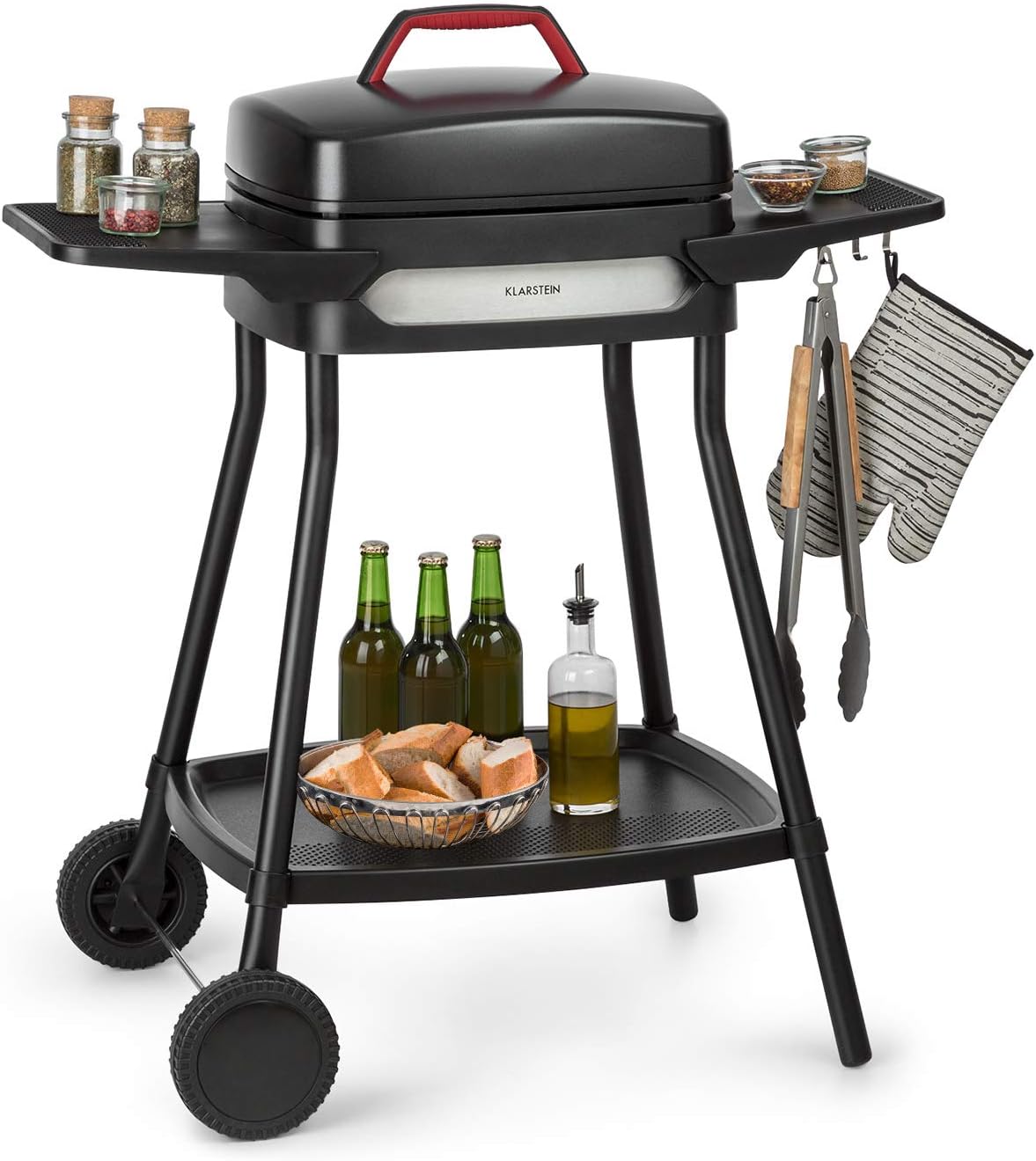 Klarstein Gatsby Elektrogrill Standgrill Tischgrill, Leistung: 2000 W, EasyGrill Concept, Grillfläche: 40 x 36 cm/Aluminiumdruckguss/Antihaft/Grillhaube, zwei Seitentische, schwarz