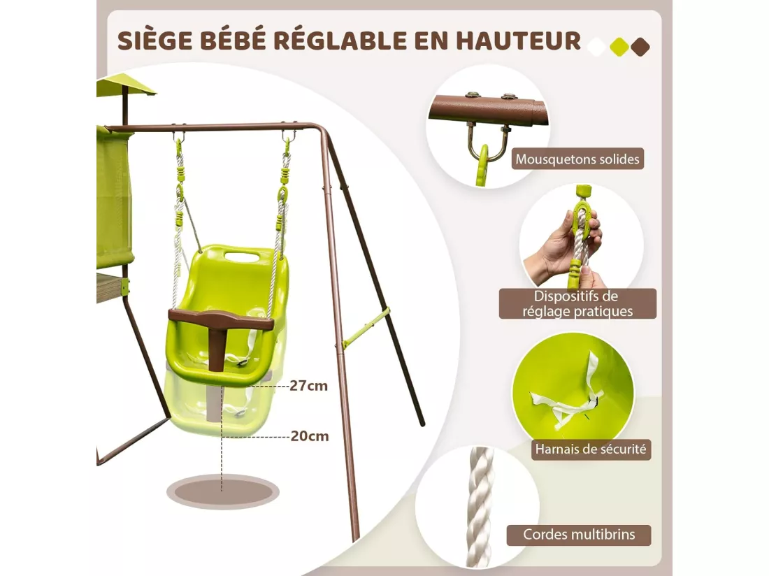 4 en 1 Aire de Jeux Portique en Bois avec Toboggan & Siège Bébé Réglable, Tour d'escalade Enfants avec Cabane Couverte & Échelle, Cadre en Métal pour Jardin pour Enfants de 3-7 Ans