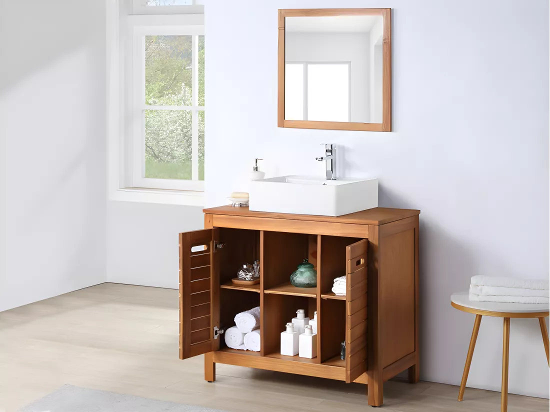 Meuble de salle de bain en bois d'acacia avec simple vasque et miroir - 90 cm - PULUKAN