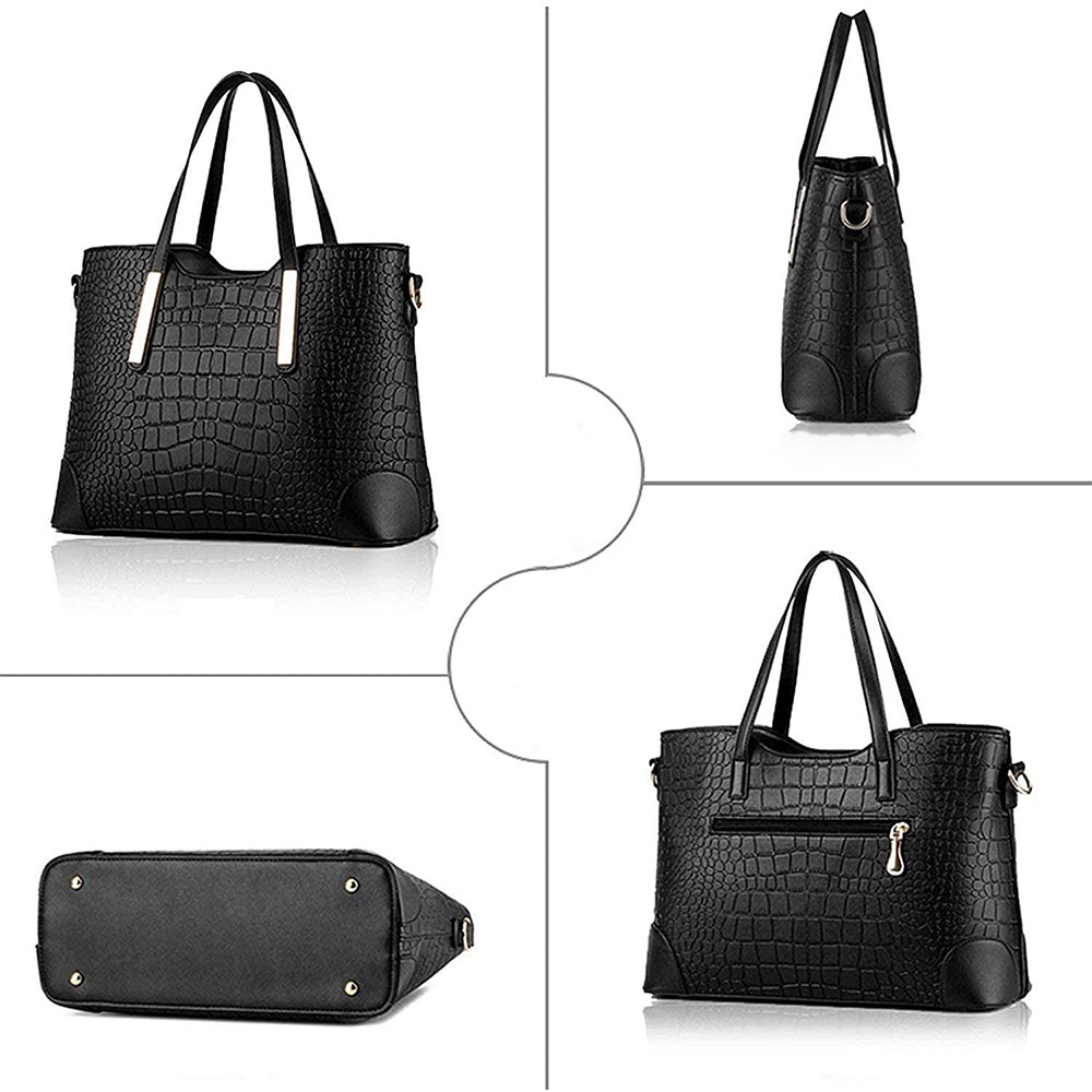 (2-tlg.) Damen Leder Handtasche Fashion Umhängetasche Croco Look - Schwarz