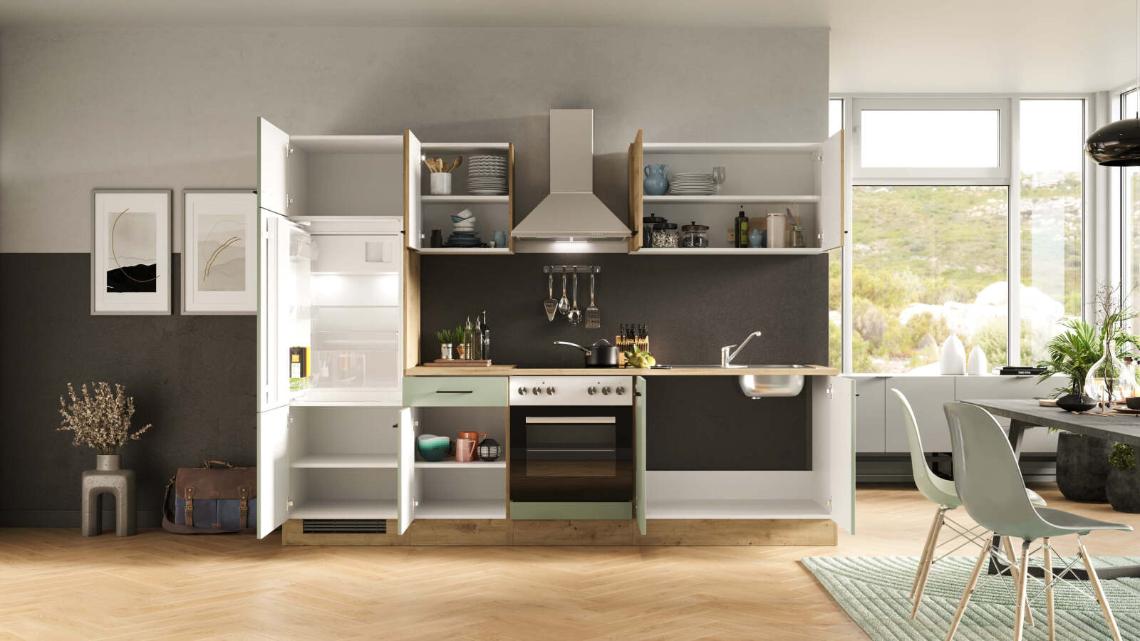 Küchenblock CARA - schilfgrün - Artisan Eiche - mit E-Geräten - 270 cm