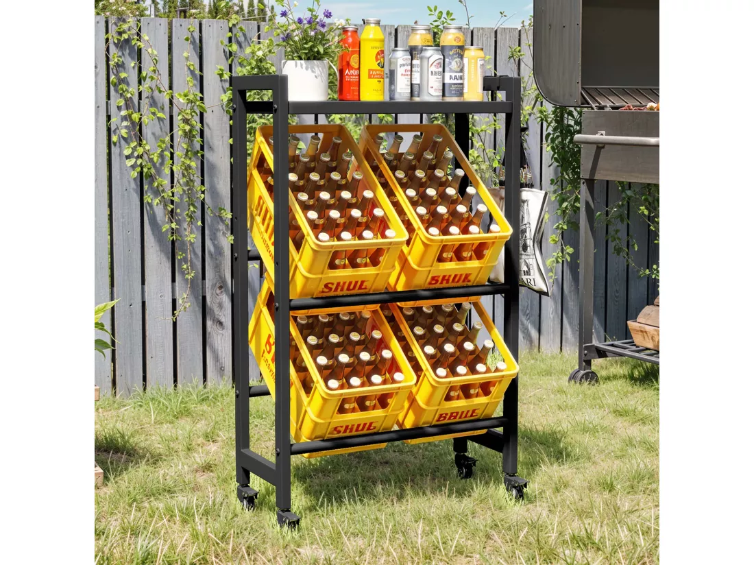 Support pour 6 caisses de Bouteilles YITAHOME - avec Roulettes - Noir - Étagère de Bouteilles - 75 x 90 x 32 cm