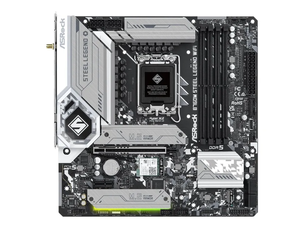 ASRock B760M Steel Legend WiFi - Bundkort - micro ATX - LGA1700 sokkel - B760 Chipset - USB-C 3.2 Gen2, USB 3.2 Gen 2, USB 3.2 Gen 1 - 2.5 Gigabit LAN, Wi-Fi 6E, Bluetooth - onboard grafik (CPU påkrævet) - HD Audio (8-kanaler)