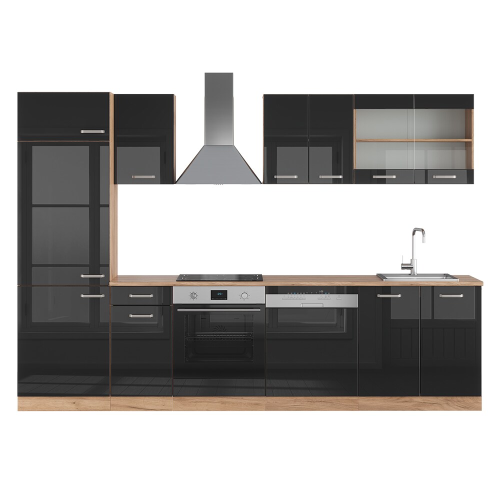 Vicco Küchenzeile R-Line Solid Eiche Schwarz 300 cm modern Küchenschränke Küchenmöbel