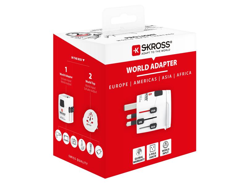 SKROSS Weltreiseadapter PRO Light World Kompakter Reisestecker mit Muli-Länder Aufsatz, weiss