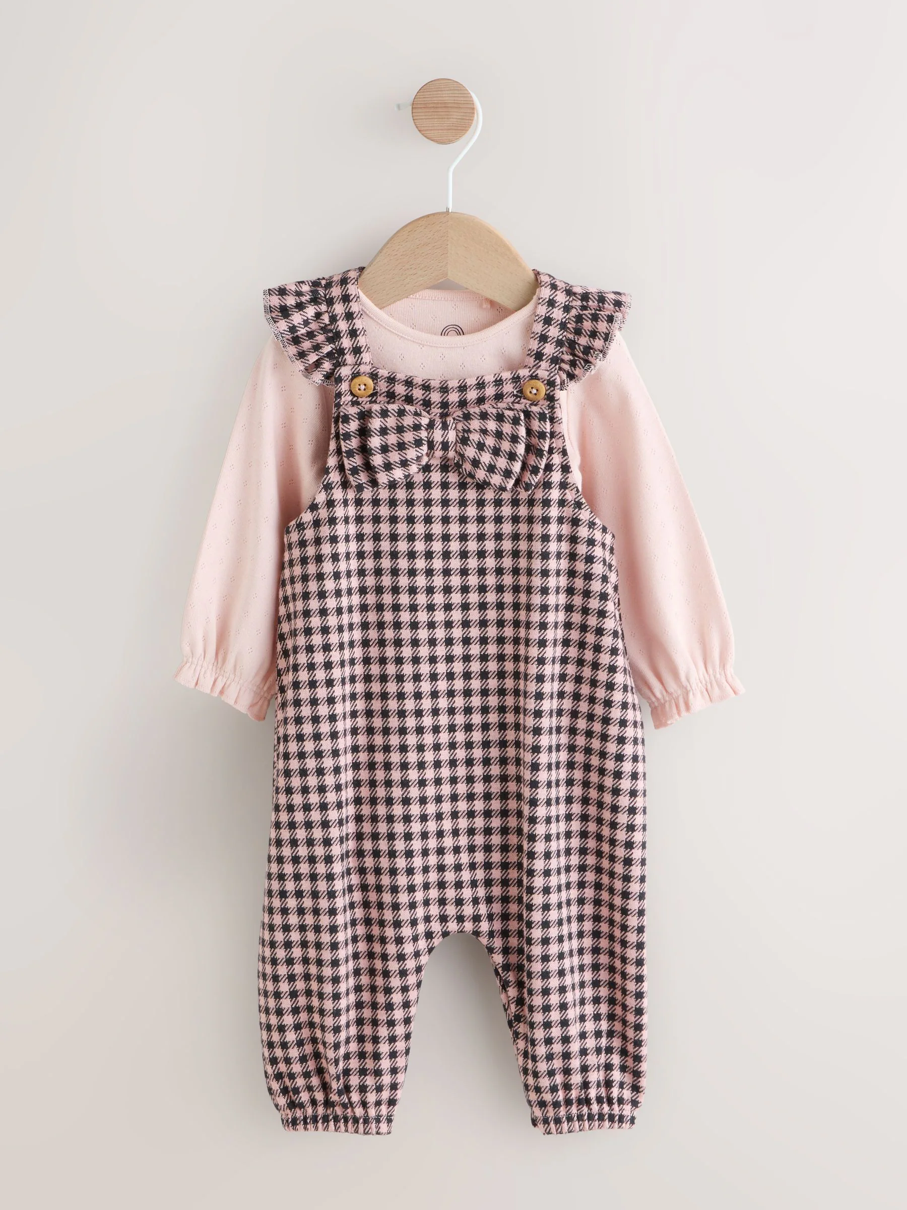Pink / Chocolate Gingham - Baby 2 -delige set van bodysuit met lange mouwen en bretelbroeken (0mnd -2jr)