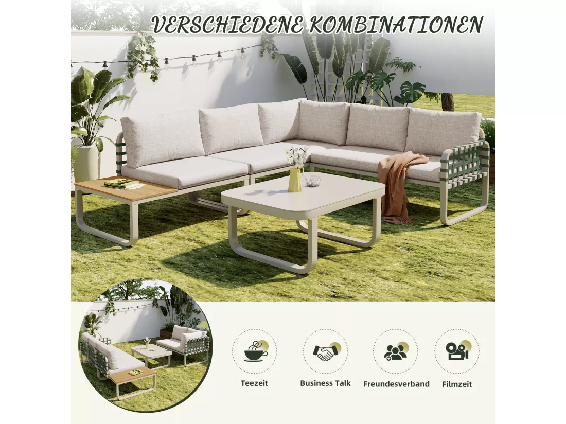 Salon de jardin modulable en fer et corde : 2 canapés 2 places + 1 canapé 1 place + 1 table basse - Abricot