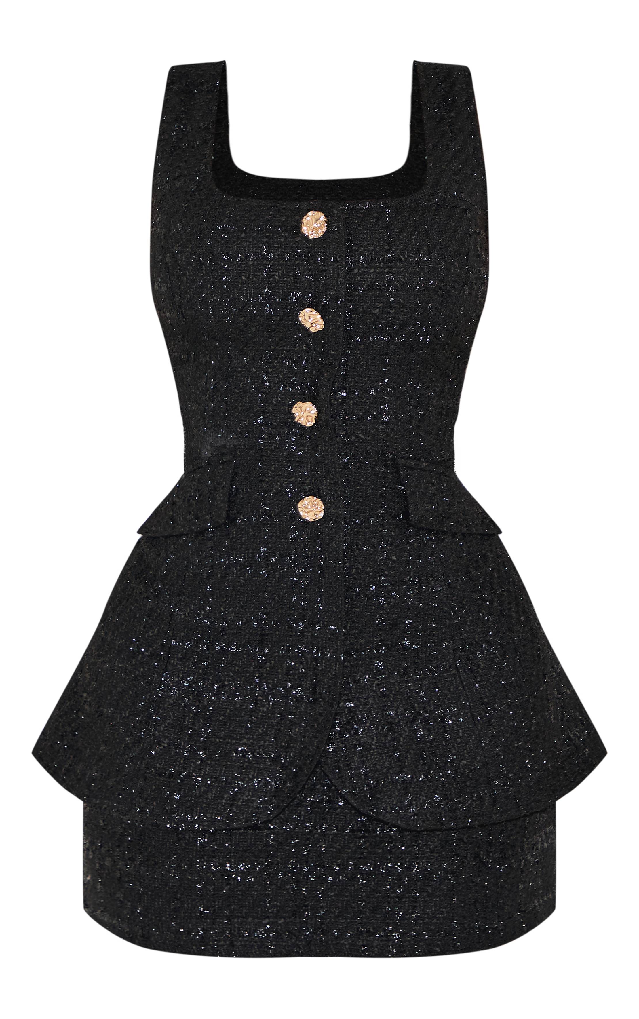 Noir Robe Mini Moulante Col Carré À Bouclé Superposé Avec Boutons Martelés