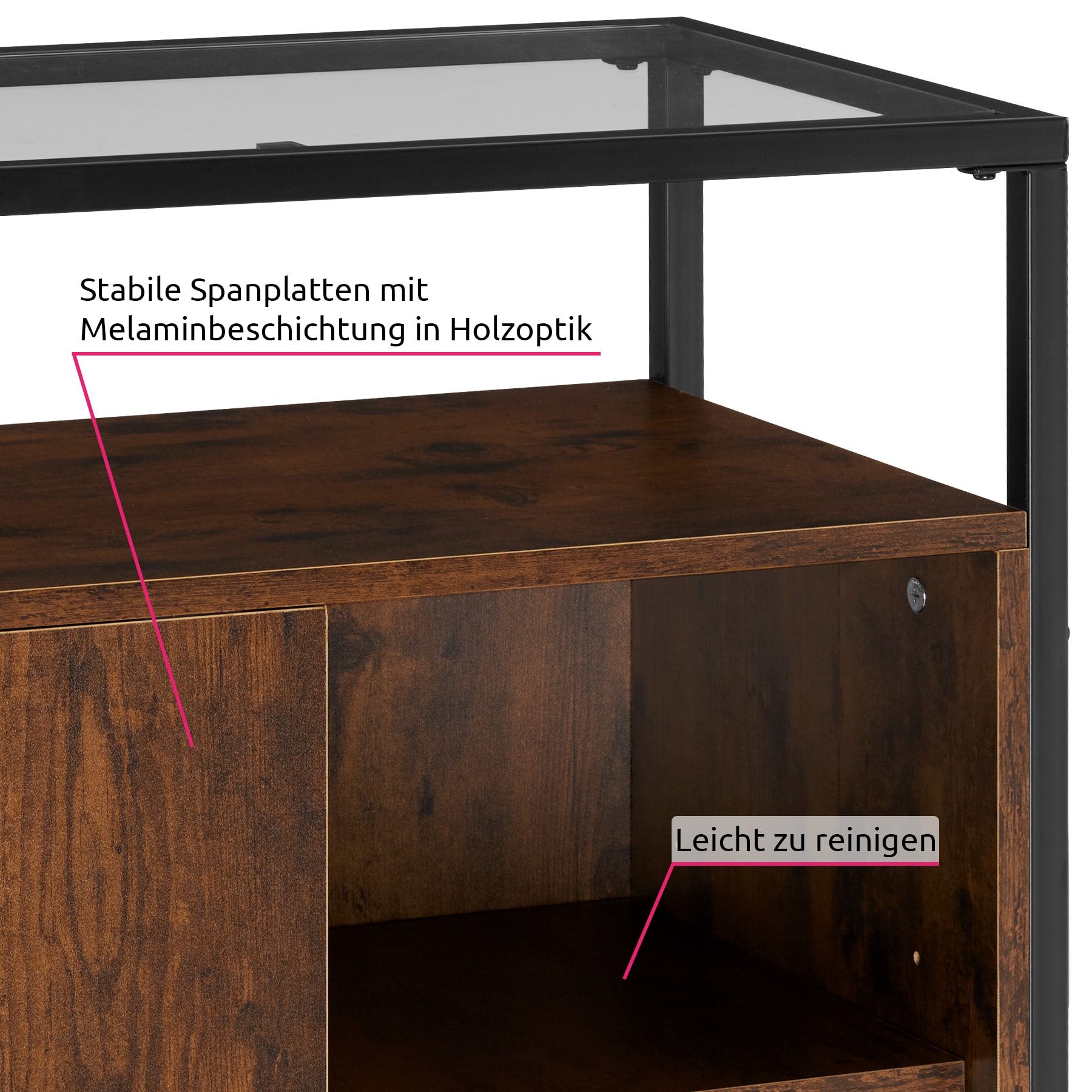 tectake® Kommode, Industrial Style, Glasplatte, offenes Fach, Staufach mit Magnettür und 2 Einlegeböden, 70 x 38 x 80,5 cm