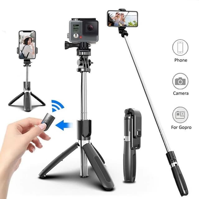 Selfie stick/mobilstativ med fjernbetjening, kamera og Gopro kompatibel
