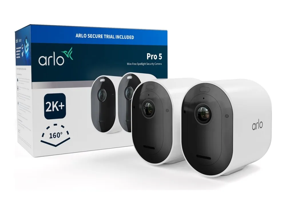 Arlo Pro 5 - Netværksovervågningskamera - udendørs - vejrbestandig - farve (Dag/nat) - 2688 x 1520 - audio - trådløs - WiFi (pakke med 2)