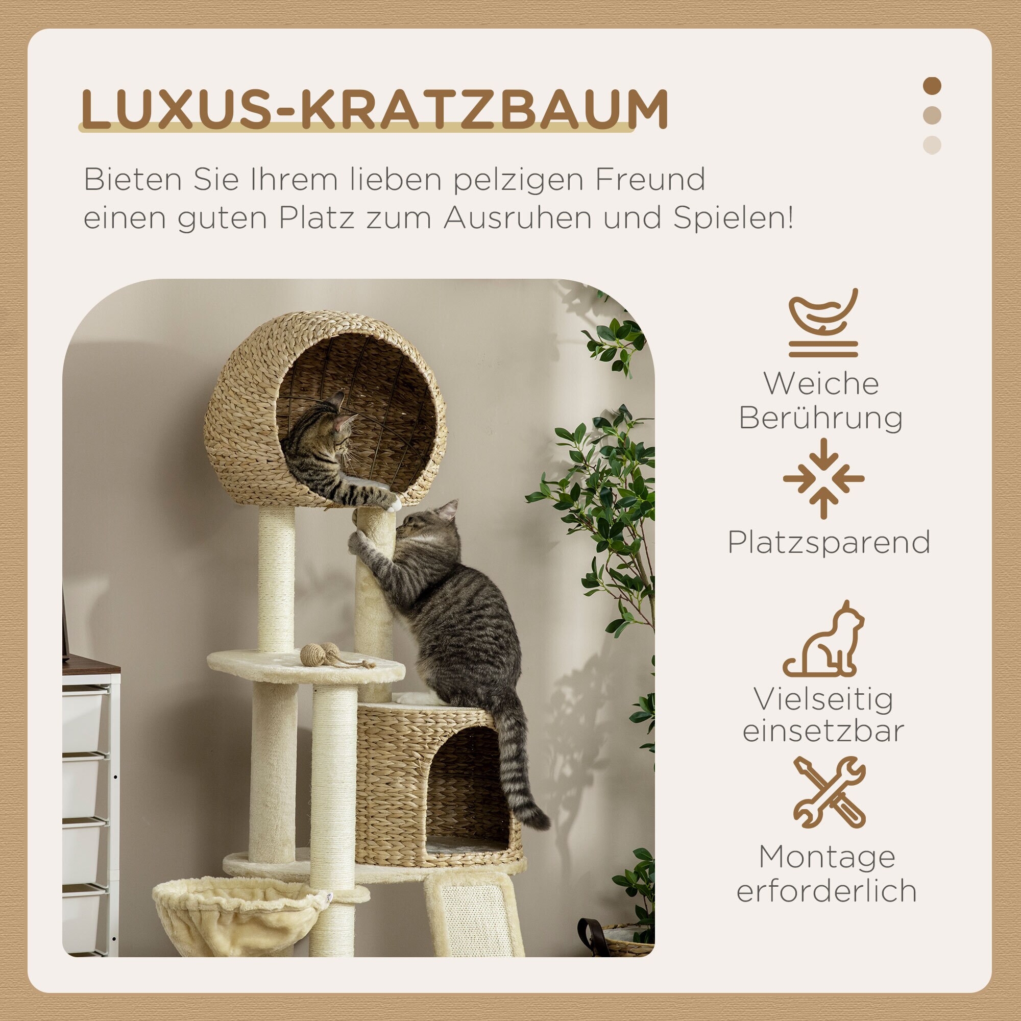 PawHut Kratzbaum mit Katzenhaus beige 60L x 60B x 150H cm