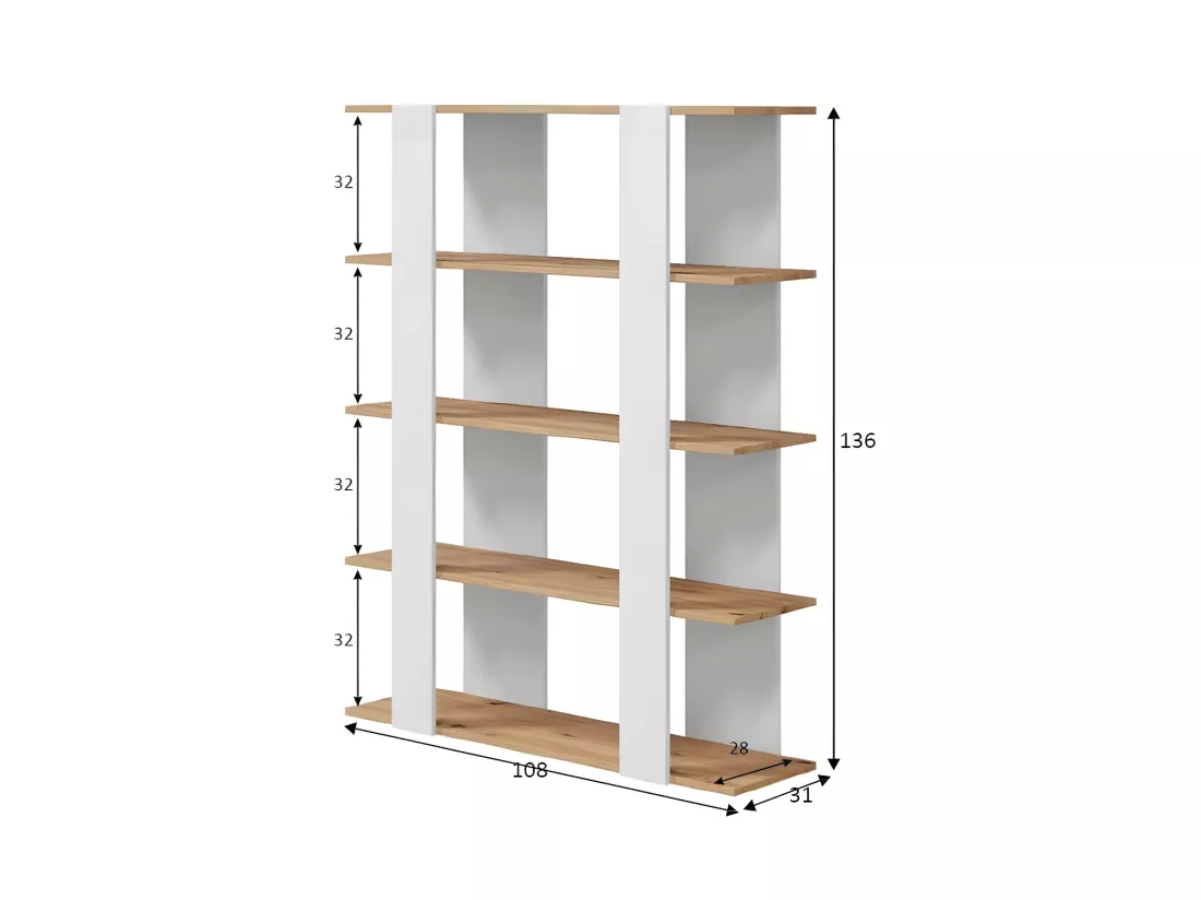 Étagère 5 niveaux Blanc Mat/Chêne - IDEAX - L 108 x l 31 x H 136 cm